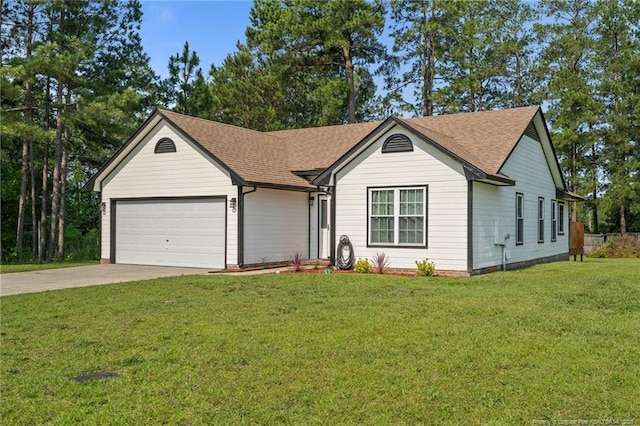 306 Longleaf Pines Dr, Raeford, NC 28376 - single story home featuring an attached garage, driveway, roof with shingles, and a front lawn