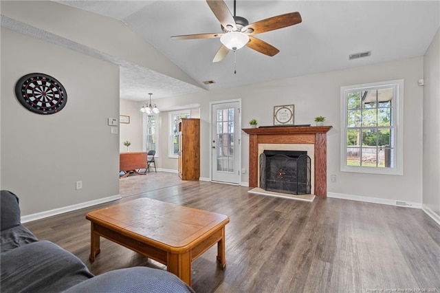 306 Longleaf Pines Dr, Raeford, NC 28376 - living room with wood finished floors, lofted ceiling, a ceiling fan, and baseboards