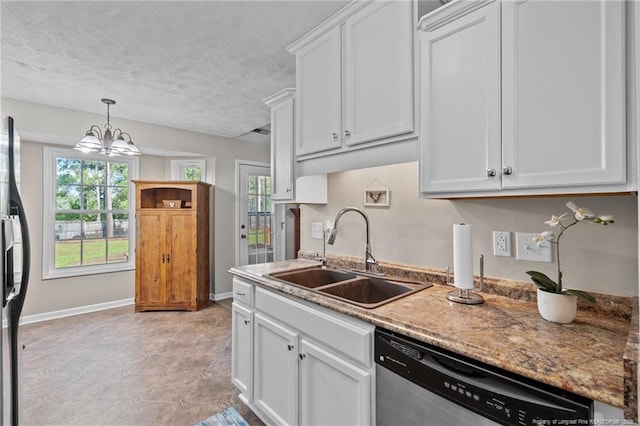 306 Longleaf Pines Dr, Raeford, NC 28376 - kitchen with stainless steel dishwasher, a sink, white cabinets, baseboards, and a textured ceiling