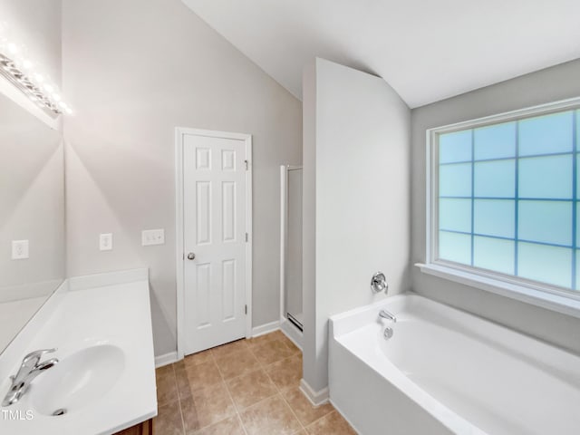 735 Sycamore Springs Dr, Fuquay Varina, NC 27526 - bathroom featuring a bath, vanity, tile patterned floors, a shower stall, and baseboards