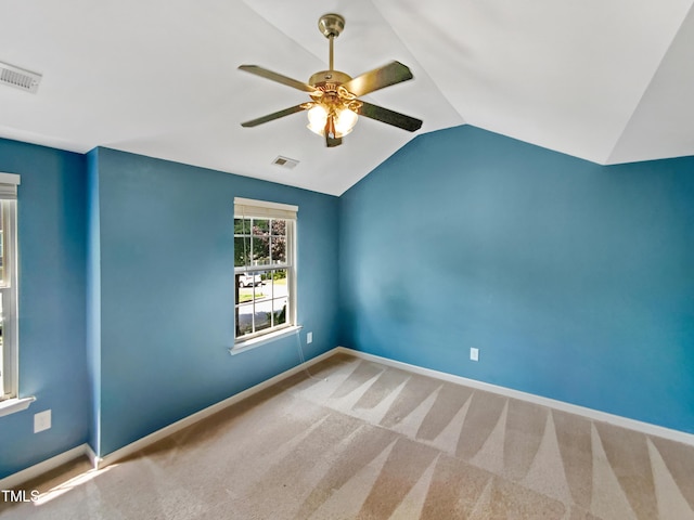735 Sycamore Springs Dr, Fuquay Varina, NC 27526 - unfurnished room featuring ceiling fan, lofted ceiling, baseboards, and carpet flooring