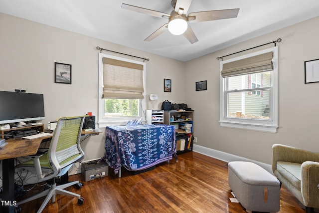 2710 Broad St, Durham, NC 27704 - home office with hardwood / wood-style flooring, ceiling fan, and baseboards