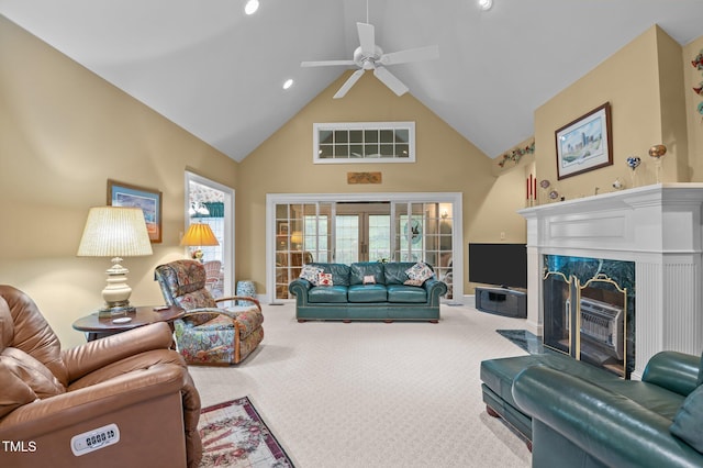 414 Bakewell Ct, Wake Forest, NC 27587 - living area featuring high vaulted ceiling, a ceiling fan, carpet floors, a fireplace, and recessed lighting