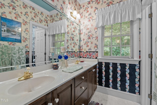 414 Bakewell Ct, Wake Forest, NC 27587 - full bath with wallpapered walls, ornamental molding, double vanity, and marble look tiles