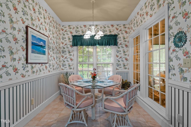 414 Bakewell Ct, Wake Forest, NC 27587 - dining area featuring wallpapered walls, a chandelier, and ornamental molding