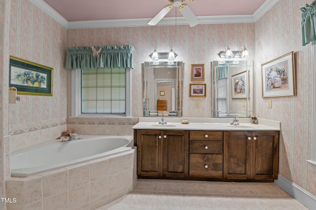 414 Bakewell Ct, Wake Forest, NC 27587 - bathroom with wallpapered walls, double vanity, a garden tub, tile patterned floors, and a ceiling fan