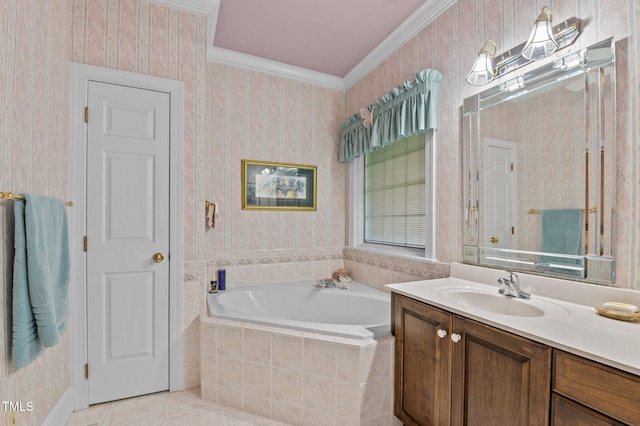 414 Bakewell Ct, Wake Forest, NC 27587 - full bathroom with vanity, a garden tub, wallpapered walls, tile patterned flooring, and ornamental molding