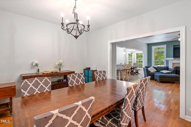 395 Timberlands Dr, Louisburg, NC 27549 - dining room with a chandelier, wood finished floors, and a fireplace