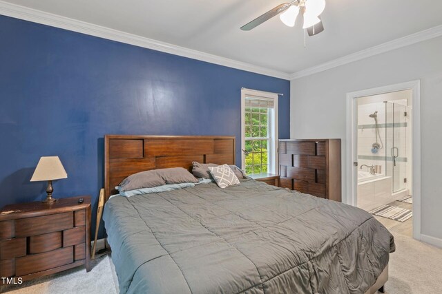 395 Timberlands Dr, Louisburg, NC 27549 - carpeted bedroom with crown molding, baseboards, ceiling fan, and connected bathroom
