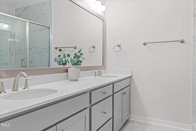 1203 Corkery Ridge Ct, Cary, NC 27519 - full bath featuring marble finish floors, double vanity, a stall shower, and baseboards