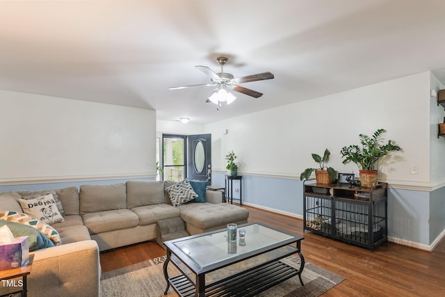 153 Hickory Nut Dr, Smithfield, NC 27577 - living room featuring a ceiling fan, wood finished floors, and baseboards