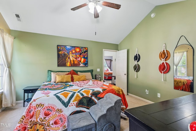 153 Hickory Nut Dr, Smithfield, NC 27577 - bedroom with light carpet, lofted ceiling, baseboards, and ceiling fan