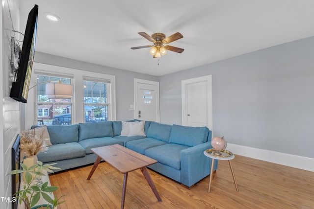 602 Dunbar St, Durham, NC 27701 - living room with baseboards, wood finished floors, a ceiling fan, and recessed lighting