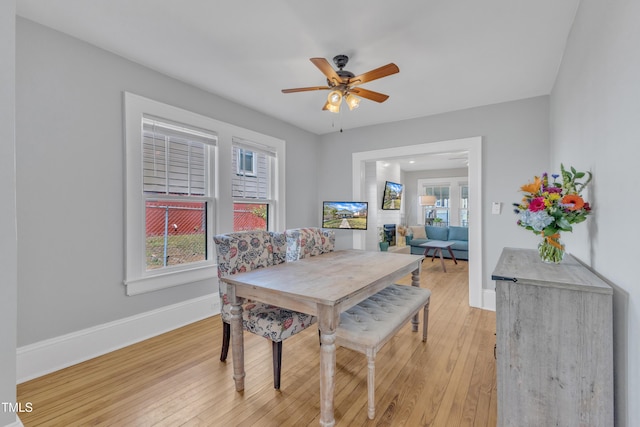 602 Dunbar St, Durham, NC 27701 - dining space with baseboards, light wood-type flooring, and a ceiling fan