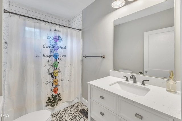 602 Dunbar St, Durham, NC 27701 - bathroom with toilet, vanity, a shower with curtain, and tile patterned floors