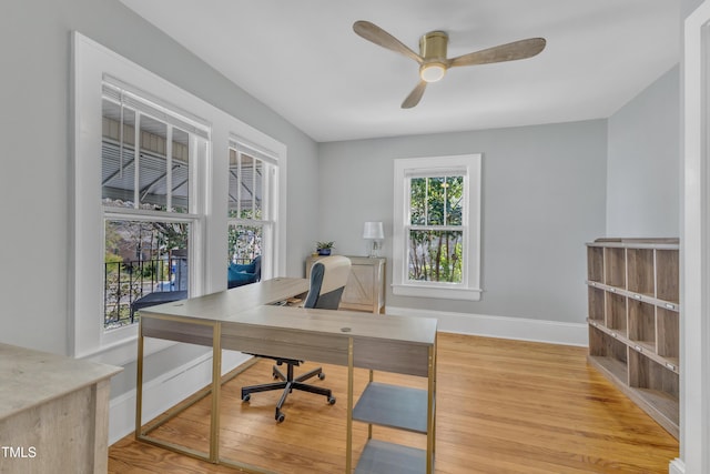 602 Dunbar St, Durham, NC 27701 - office area featuring a ceiling fan, wood finished floors, and baseboards