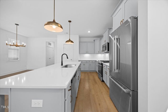 212 Aubey Ln, Wake Forest, NC 27587 - kitchen with stainless steel appliances, a sink, gray cabinetry, light countertops, and backsplash
