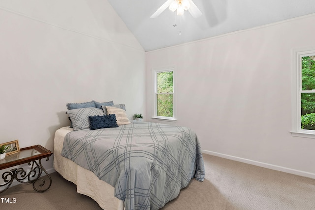 2724 Glastonbury Rd, Apex, NC 27539 - bedroom featuring carpet, lofted ceiling, multiple windows, baseboards, and ceiling fan
