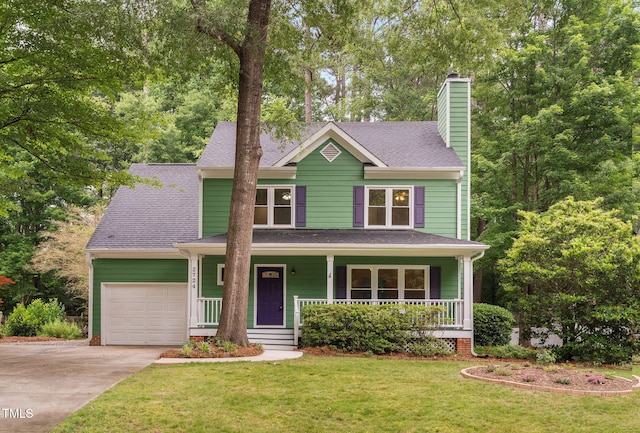 2724 Glastonbury Rd, Apex, NC 27539 - view of front of property featuring a garage, a chimney, concrete driveway, covered porch, and a shingled roof