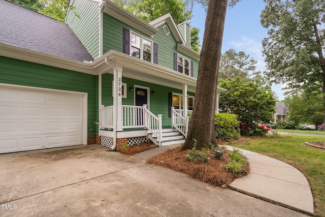 2724 Glastonbury Rd, Apex, NC 27539 - view of front of house featuring covered porch, a garage, a chimney, concrete driveway, and a shingled roof
