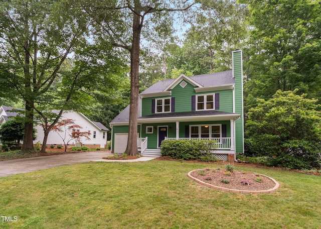 2724 Glastonbury Rd, Apex, NC 27539 - view of front of property featuring driveway, covered porch, a garage, a chimney, and a front lawn