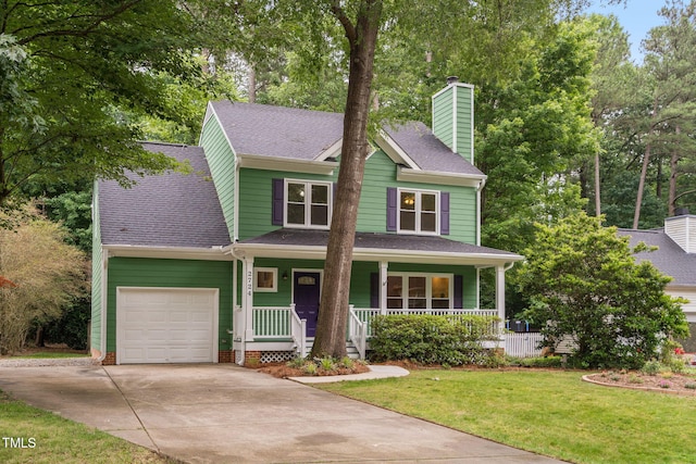 2724 Glastonbury Rd, Apex, NC 27539 - view of front of house featuring covered porch, concrete driveway, a chimney, a front lawn, and roof with shingles