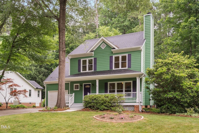 2724 Glastonbury Rd, Apex, NC 27539 - view of front facade with covered porch, a garage, asphalt driveway, a front yard, and a chimney