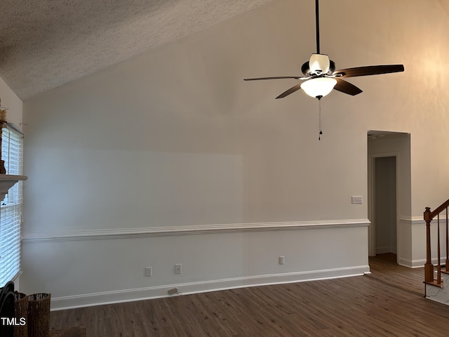 7832 Shuttle Rd, Fayetteville, NC 28311 - unfurnished room featuring a ceiling fan, wood finished floors, a textured ceiling, high vaulted ceiling, and baseboards
