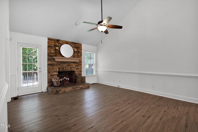 7832 Shuttle Rd, Fayetteville, NC 28311 - unfurnished living room featuring ceiling fan, dark wood-type flooring, healthy amount of natural light, and high vaulted ceiling