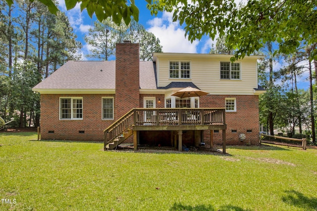 7832 Shuttle Rd, Fayetteville, NC 28311 - back of house with crawl space, a wooden deck, brick siding, and a lawn