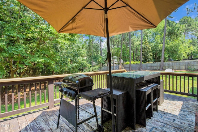 7832 Shuttle Rd, Fayetteville, NC 28311 - deck featuring a fenced backyard, area for grilling, and view of wooded area