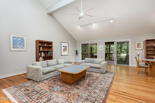 6 Womble Cir, Durham, NC 27705 - living room with light wood-type flooring, rail lighting, high vaulted ceiling, ceiling fan, and beam ceiling