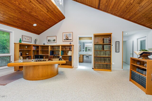 6 Womble Cir, Durham, NC 27705 - office with wooden ceiling, carpet flooring, high vaulted ceiling, and recessed lighting