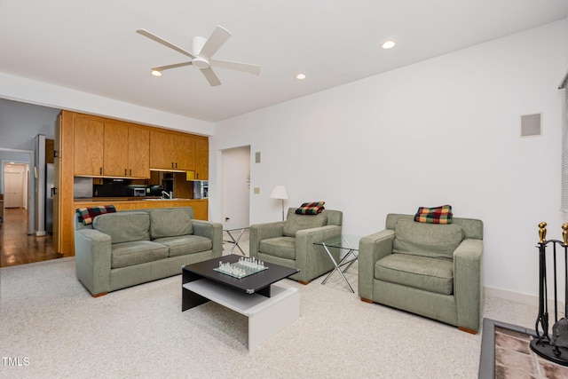 6 Womble Cir, Durham, NC 27705 - living area with light carpet, a ceiling fan, and recessed lighting