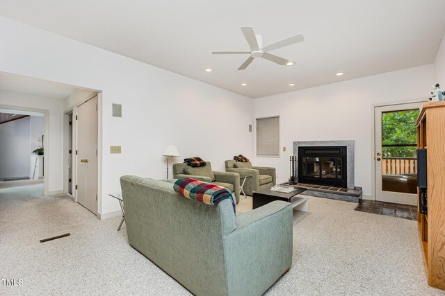 6 Womble Cir, Durham, NC 27705 - living room featuring ceiling fan, a premium fireplace, carpet, and recessed lighting