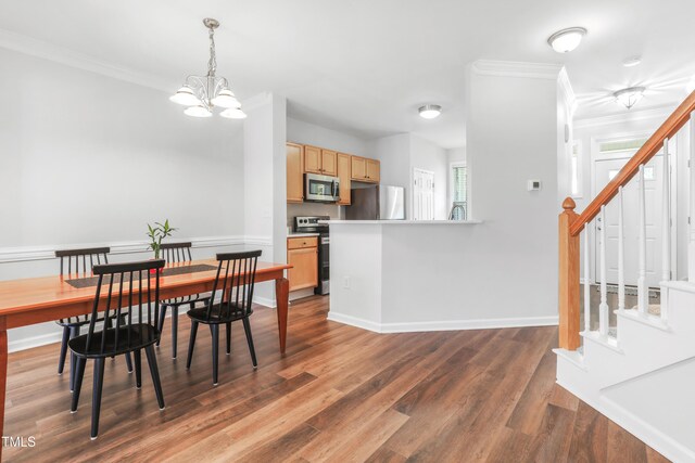 412 Heritage Village Ln, Apex, NC 27502 - dining area with ornamental molding, stairway, dark wood-style floors, a chandelier, and baseboards