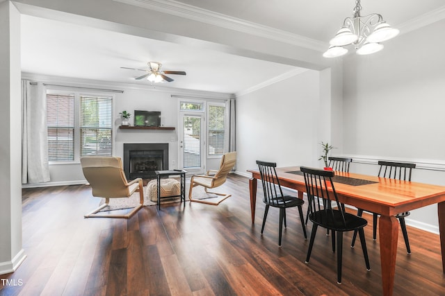 412 Heritage Village Ln, Apex, NC 27502 - dining area featuring ornamental molding, plenty of natural light, baseboards, ceiling fan, and a fireplace