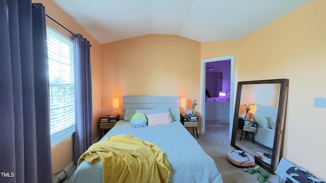 106 Gallent Hedge Trl, Apex, NC 27539 - bedroom featuring lofted ceiling, carpet, and ensuite bath