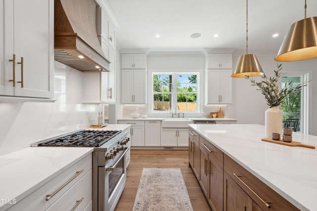 217 Dublin Rd, Raleigh, NC 27609 - kitchen with premium range hood, high end stainless steel range oven, a sink, decorative backsplash, and white cabinets