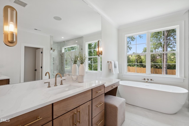 217 Dublin Rd, Raleigh, NC 27609 - bathroom featuring vanity, a shower stall, a soaking tub, crown molding, and tile patterned flooring