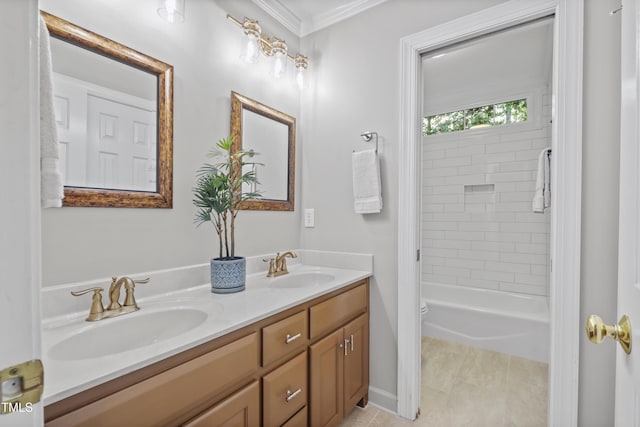 314 Chanticlair Dr, Apex, NC 27502 - bathroom featuring double vanity, tile patterned floors, shower / washtub combination, crown molding, and toilet