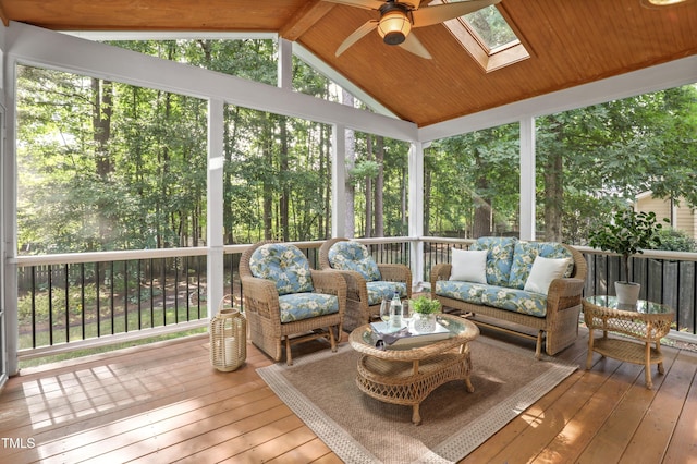 314 Chanticlair Dr, Apex, NC 27502 - sunroom with ceiling fan, a skylight, vaulted ceiling, and an outdoor living space