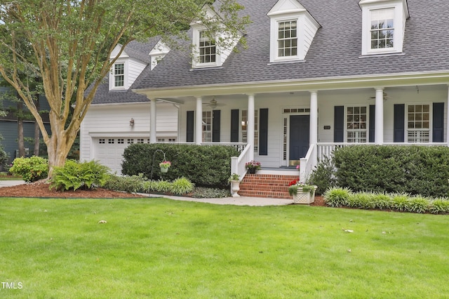 314 Chanticlair Dr, Apex, NC 27502 - cape cod-style house with a shingled roof, a garage, a ceiling fan, covered porch, and a front lawn