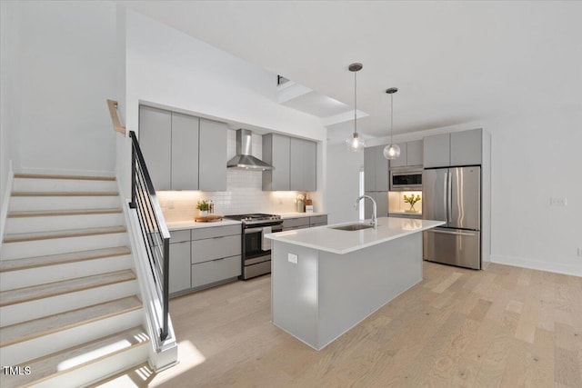 2225 Millbank Village Ct Unit 101, Raleigh, NC 27610 - kitchen featuring gray cabinets, appliances with stainless steel finishes, wall chimney range hood, and a sink