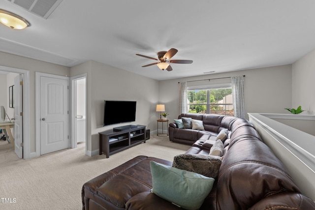 205 Willow Weald Ct, Fuquay Varina, NC 27526 - living area with carpet flooring, a ceiling fan, attic access, and baseboards
