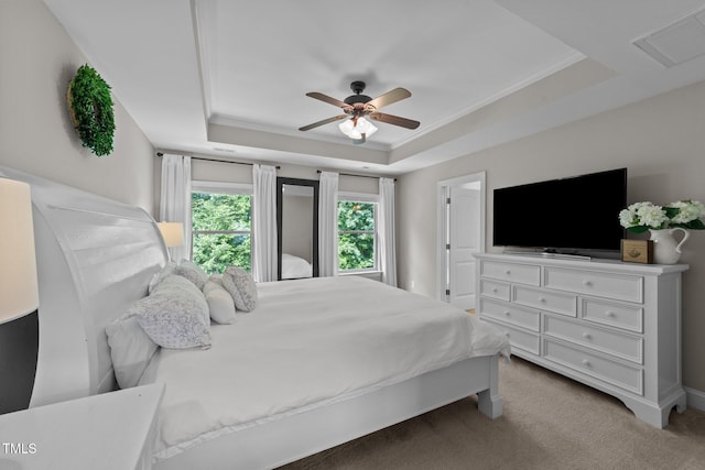 205 Willow Weald Ct, Fuquay Varina, NC 27526 - bedroom with a raised ceiling, carpet flooring, ceiling fan, and crown molding