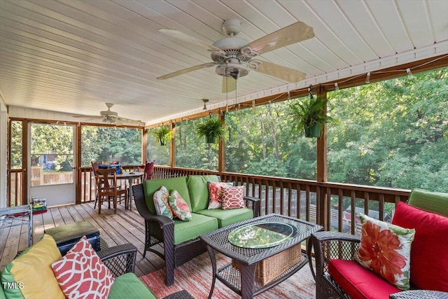 3298 Oakridge Dr Unit A, Graham, NC 27253 - wooden terrace featuring an outdoor hangout area, a ceiling fan, and outdoor dining area