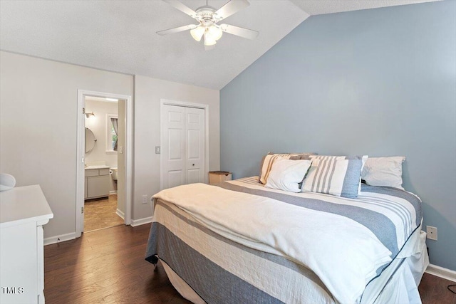 1 Old Towne Pl, Durham, NC 27713 - bedroom with dark wood-style floors, a closet, lofted ceiling, ensuite bath, and baseboards