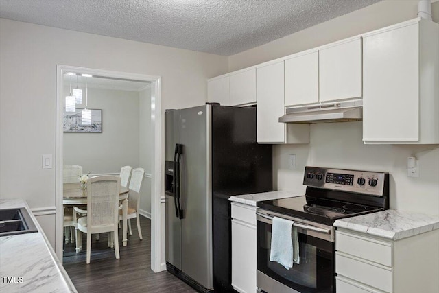 1 Old Towne Pl, Durham, NC 27713 - kitchen with stainless steel appliances, under cabinet range hood, dark wood-type flooring, light countertops, and a textured ceiling