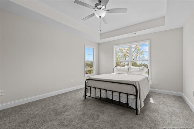 60 Bennett Rd, Coats, NC 27521 - carpeted bedroom with a tray ceiling, baseboards, and a ceiling fan